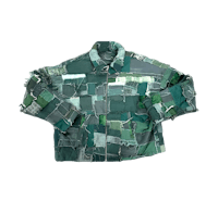 a green patchwork jacket on a black background